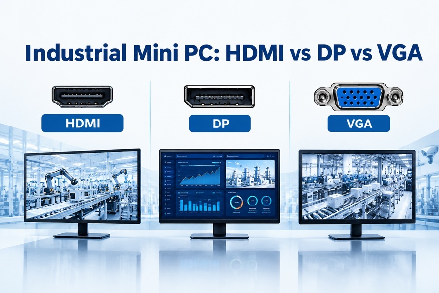 नवीनतम कंपनी ब्लॉग के बारे में Industrial Mini PC: HD-MI vs DP vs VGA — Display Interface Comparison for Multi Screen Industrial Monitoring